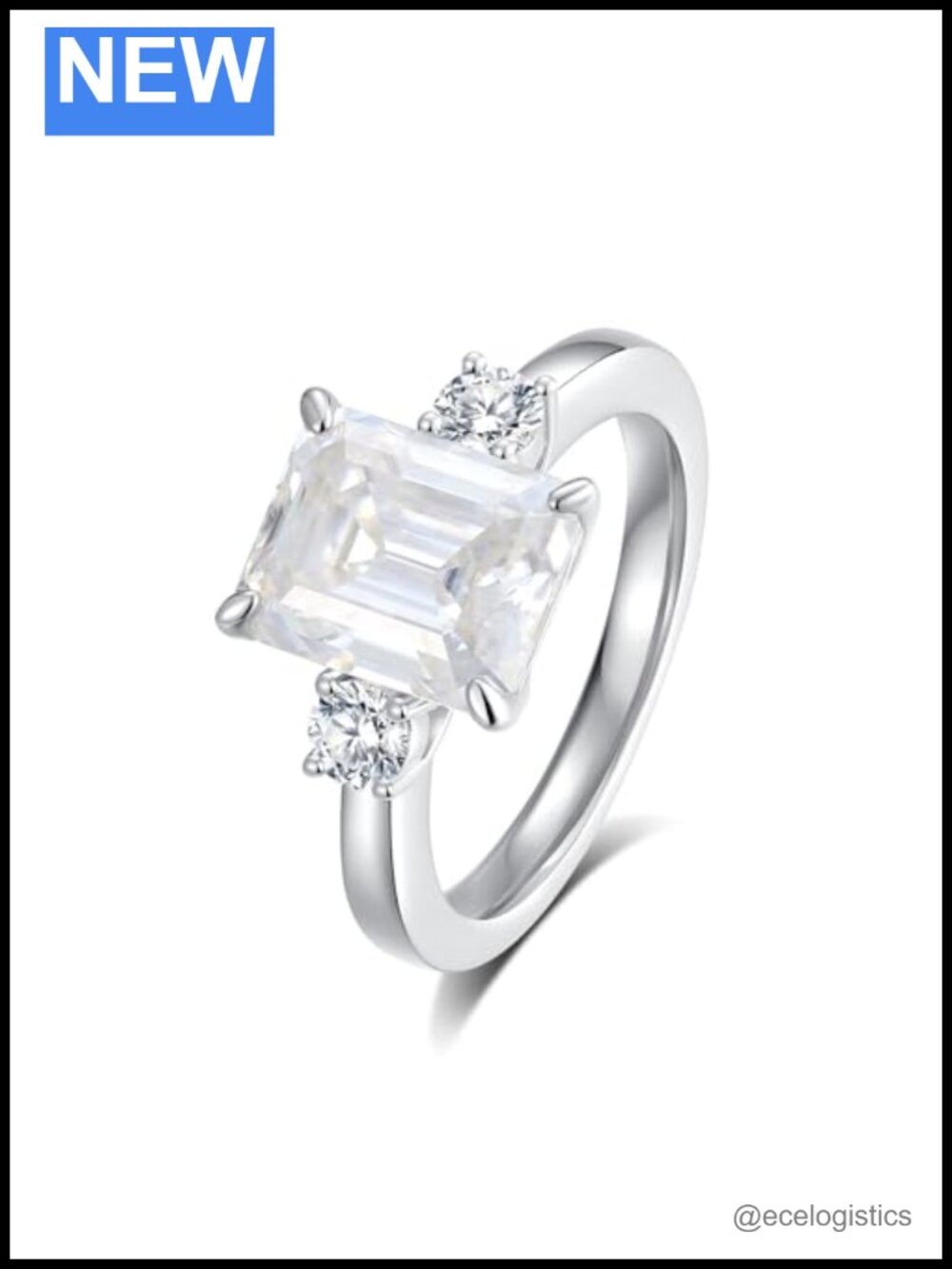 Emerald Cut Moissanite 3 Stone Engagement Ring S925 Sterling Silver 18K White